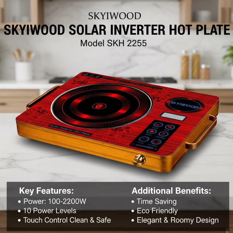 A SKYIWOOD solar inverter hot plate in red and gold, shown on a white marble countertop with a blurred kitchen background. The image includes text overlays detailing the product features, model SKH 2255, and a 6-month warranty badge.