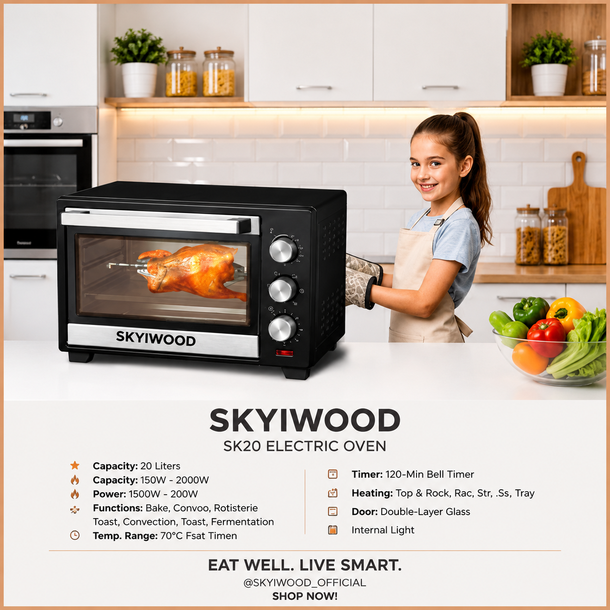 Skyiwood Electric Baking Oven 20L 2000W – Bake, Convection & Rotisserie SK-20