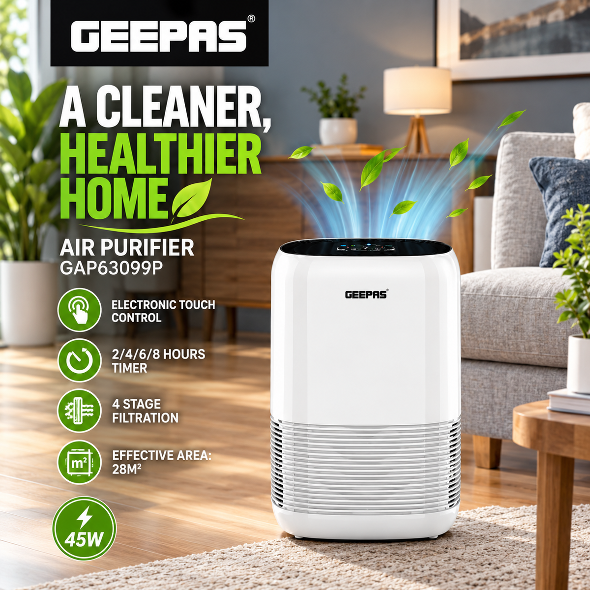 Geepas Air Purifier 45W with 4-Stage Filtration GAP63099P