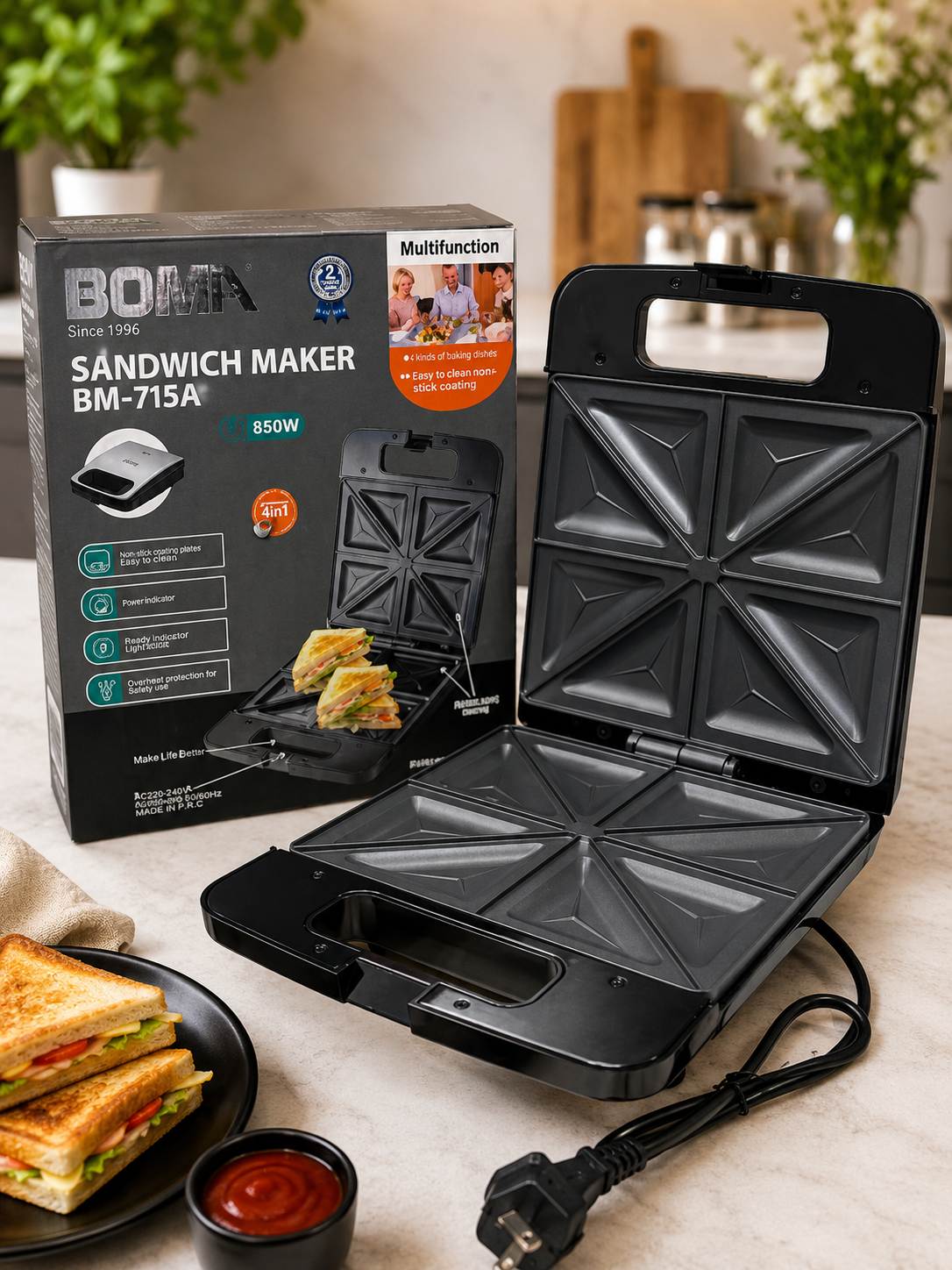 BOMA BM-715A 4 Slice Sandwich Maker | 850W Electric Sandwich Toaster