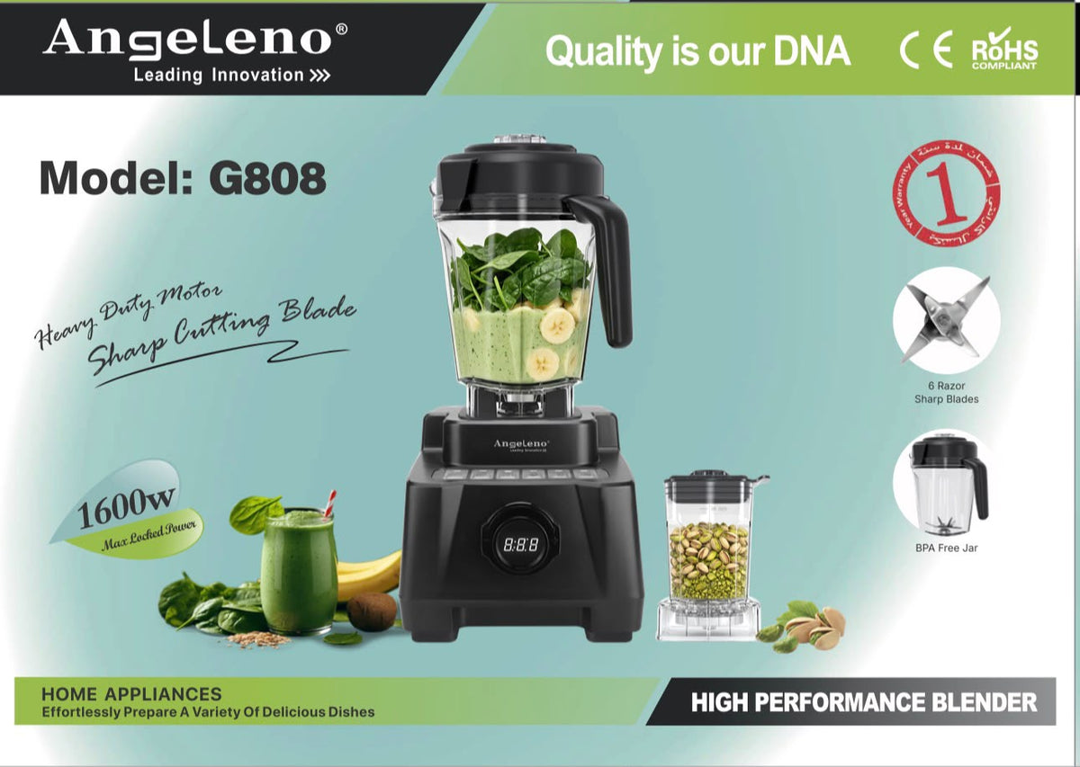 Angeleno Commercial Blender 1600W G808 | 6 Razor Sharp Blades | Heavy Duty High Performance Blender