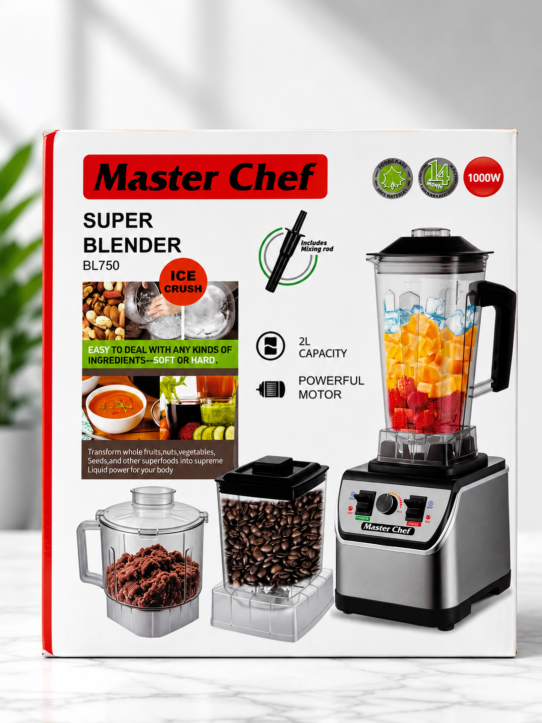 Master Chef 3-in-1 Commercial Blender 2L 1000W | Heavy Duty Blender, Grinder & Chopper