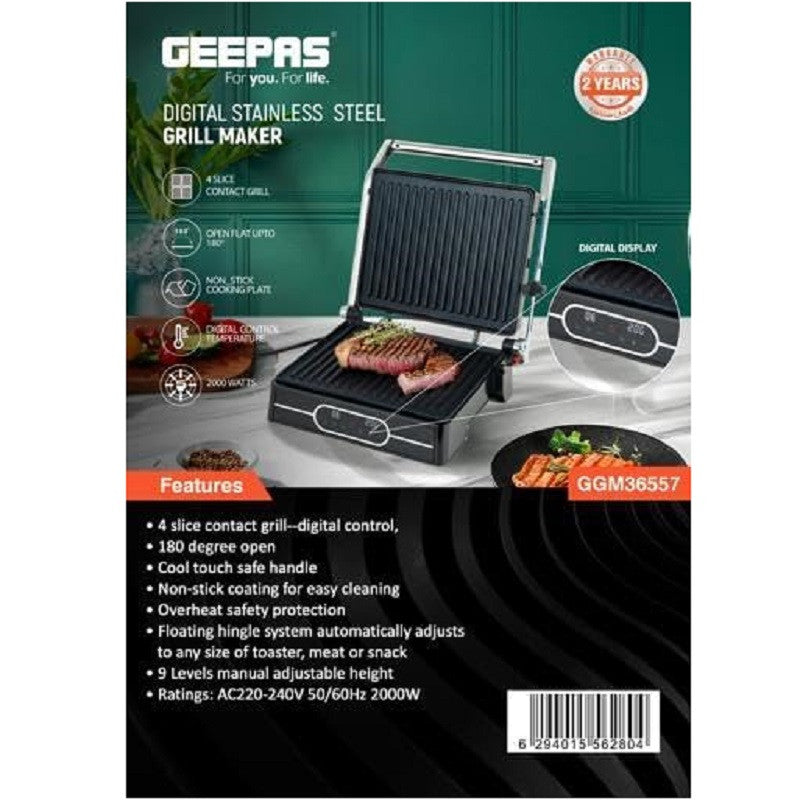 Geepas GGM36557 Stainless Steel Grill Maker, Panini Maker Open Flat Up To 180° | Digital Timer & Temperature Control
