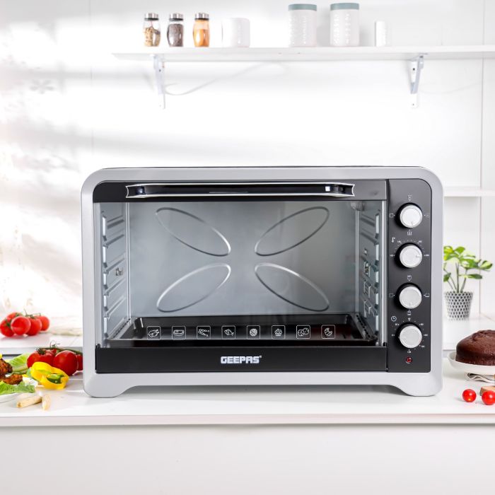 Geepas GO4406  100L Electric Oven - 2800W Electric Oven With Rotisserie And Convection Functions | Grill Function, 60 Minute Timer & Inside Lamp | 5 Control Knobs | 2 Years Warranty