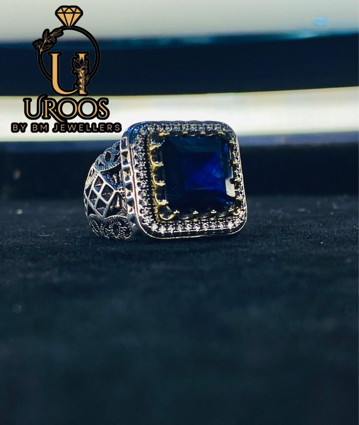 Gents Pure Silver Ring with Sapphire(neelam) Stone