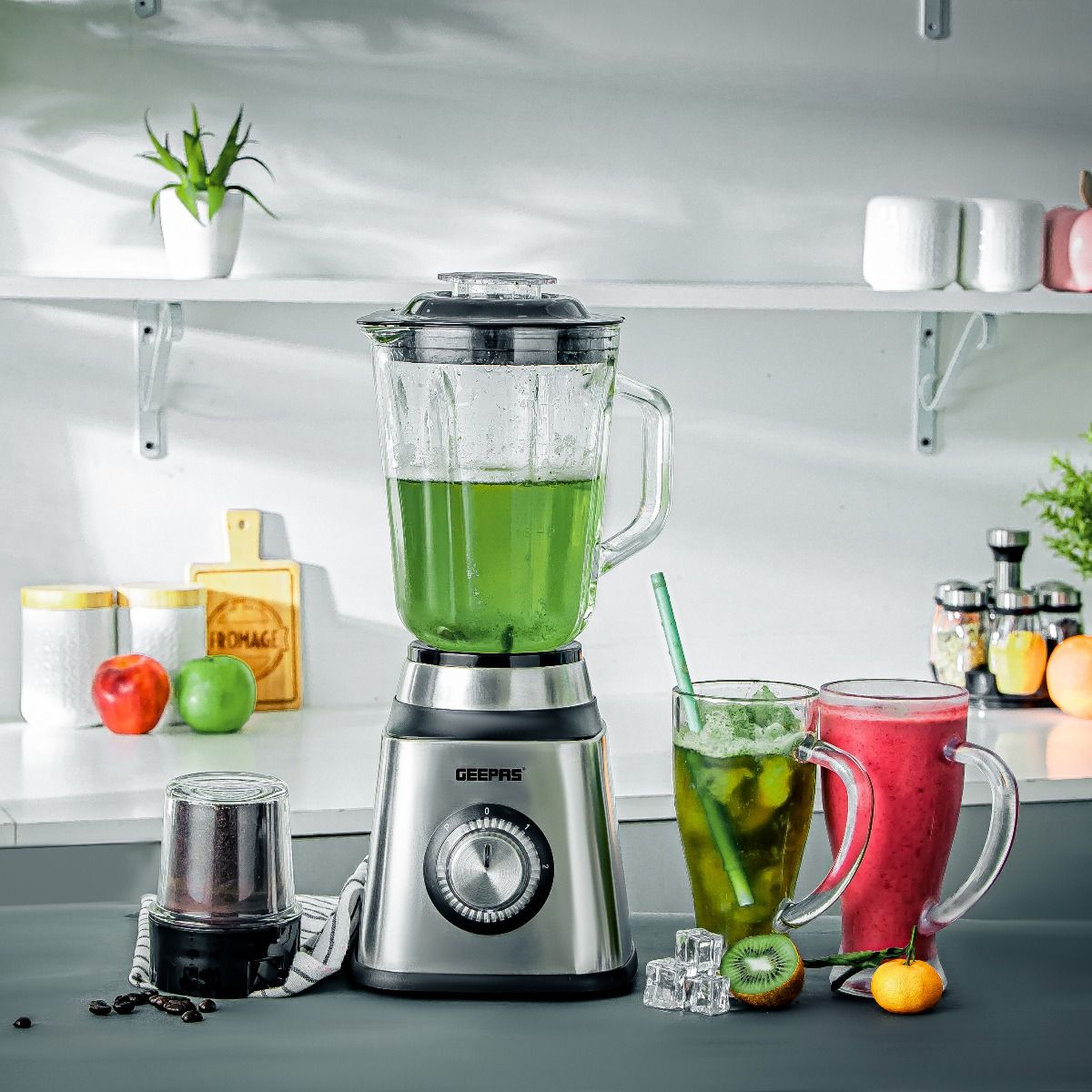 Geepas GSB44076UK 2-In-1 Blender With 1.5L Glass Jar, Smart Lock | 2 Speed With Pulse Function | Ideal For Smoothies, Vegetable, Fruits, Milkshakes, Ice & More | Thermostat And Safety Switch