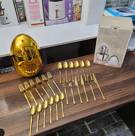 Original German Egg Shaped Gold Polish Tableware Cutlery Set - 24 Pieces