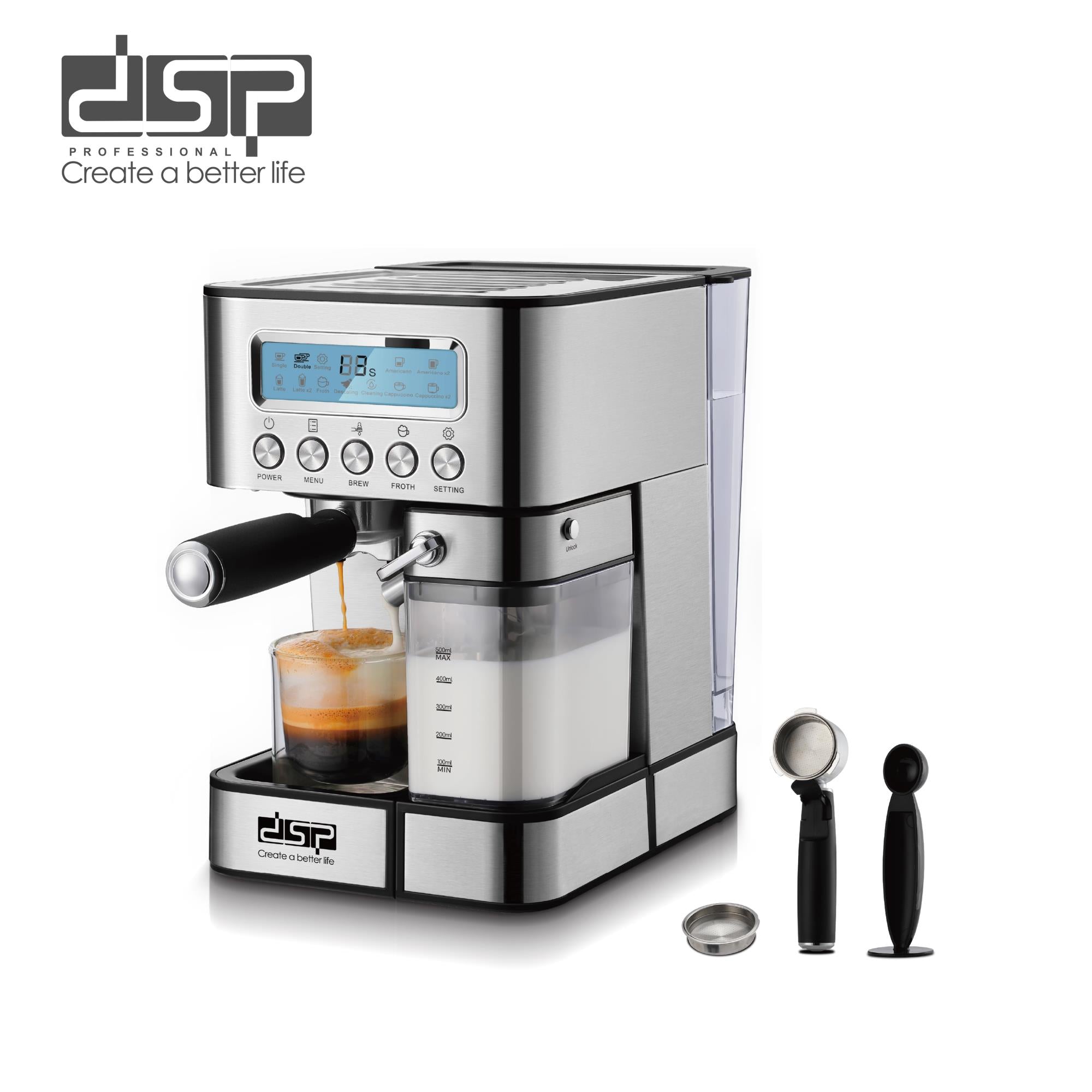 DSP KA-3141 Espresso Coffee Machine with Milk Frother Wand & 500ML Milk Tank