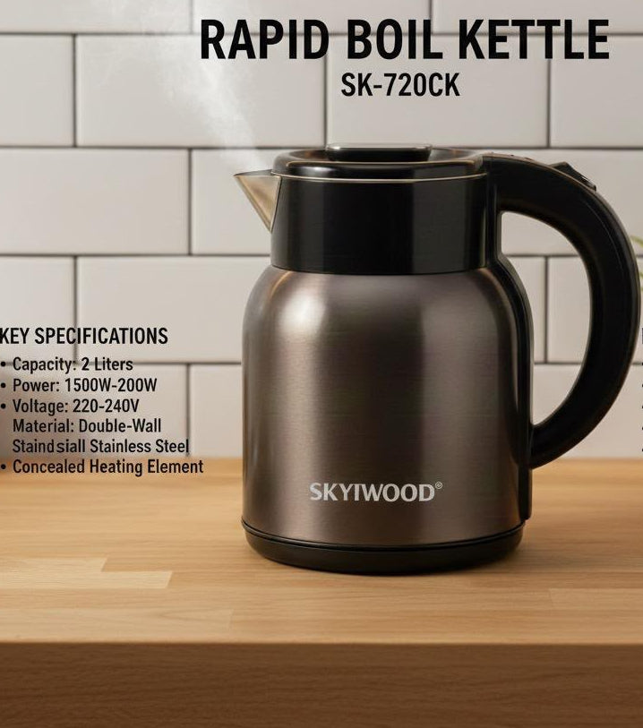 A SKYIWOOD Rapid Boil Kettle (SK-720CK) in brushed stainless steel with a black handle and lid, shown on a wooden countertop with a white subway tile backsplash. The image includes text overlays detailing the product's specifications and features.