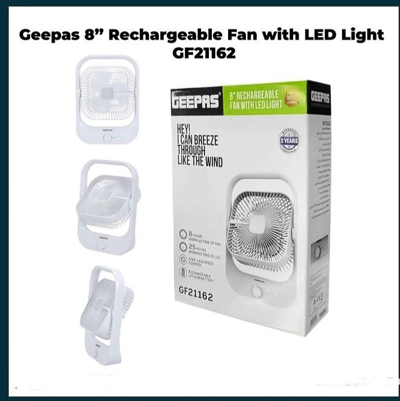 Geepas 8" Rechargeable Fan With Led Light, Gf21162 Over Charge Protection, 8 Hours Working, Step Less Speed Control, Rechargeable Lithium Battery, Full Charge Indicator, White