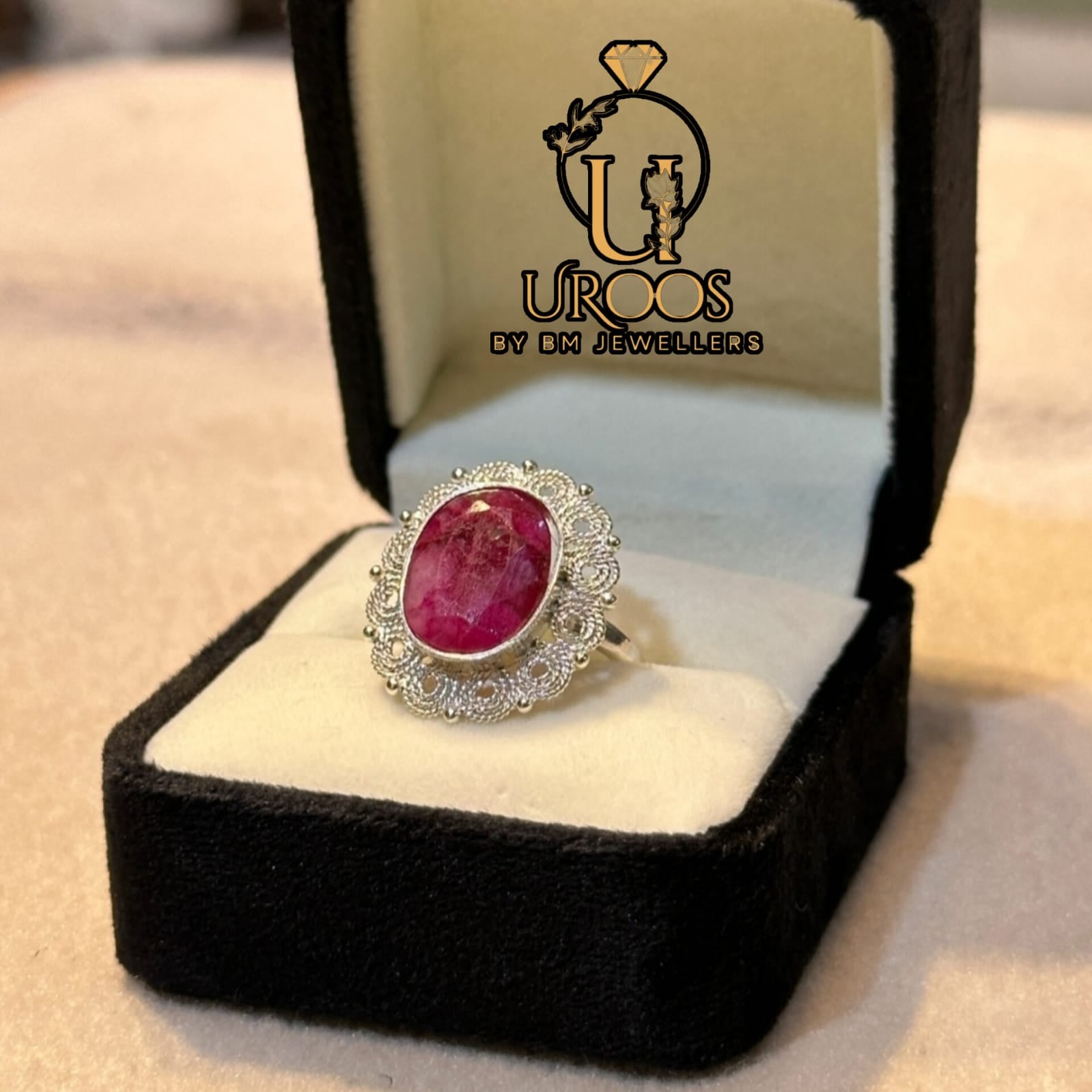 Handmade Madrasi Style Silver Ring adorned with Ruby Stone