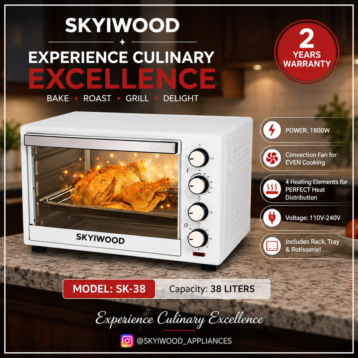 Skyiwood Electric Baking Oven 38L 1800W – Bake, Convection & Rotisserie SK-38