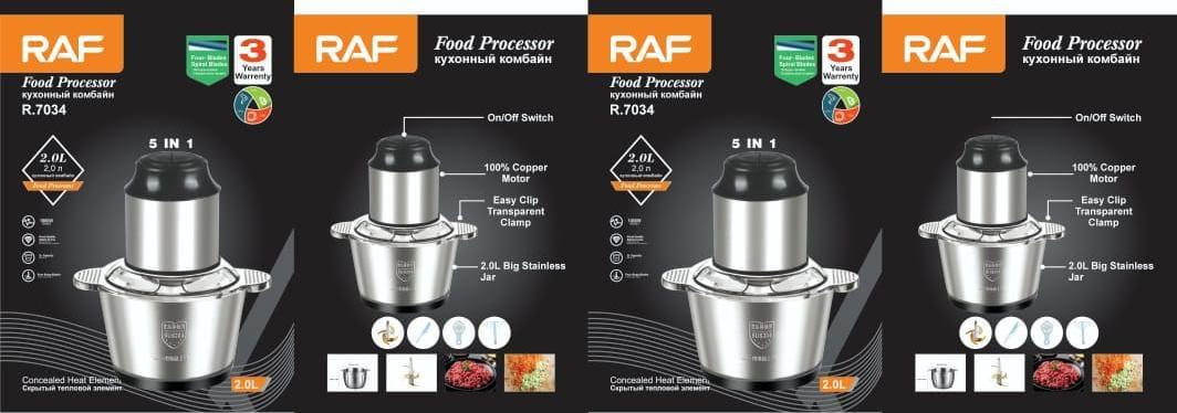 RAF Multi Functions Meat Chopper 2L Steel Bowl - 1000W | Food Processor 5 In 1 | R.7034