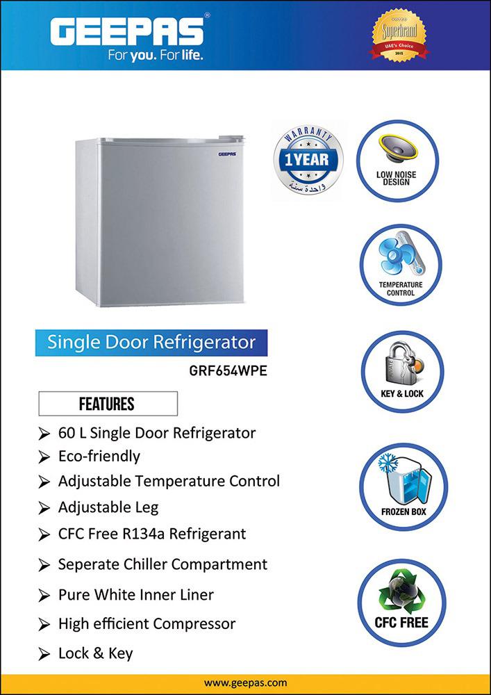 Geepas 60L Single Door Refrigerator - Portable Low Noise Separate Chiller Compartment, Compact