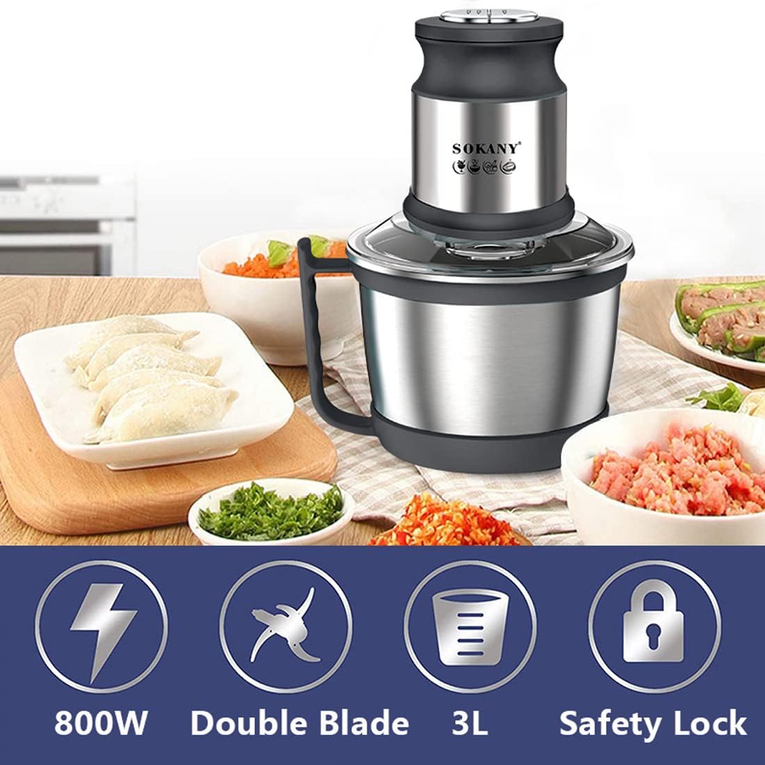 SOKANY 800W Meat Grinder Electric, electric meat grinder 3L Stainless Steel Meat Blender Food Chopper for Meat, Vegetables, Fruits and Nuts with 4 Sharp Blades. (SK-7027, 800W, 3L)