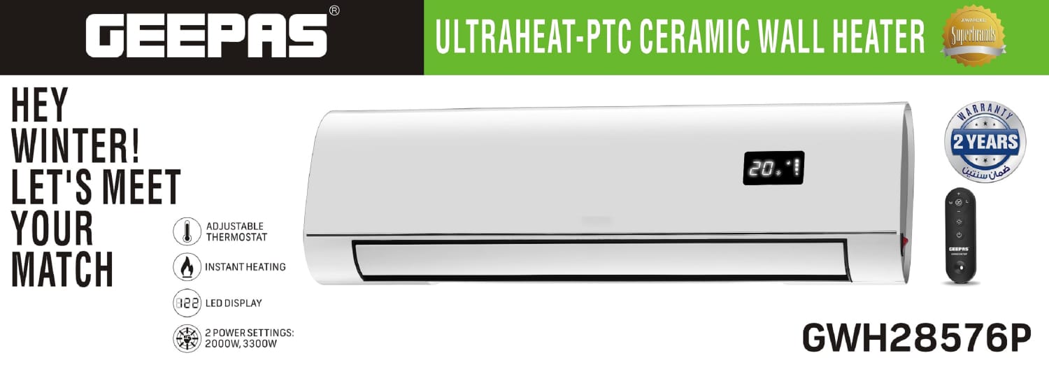 Geepas Large Size Wall Mounted Fan Heater | PTC Ceramic Wall Heater GWH28576P