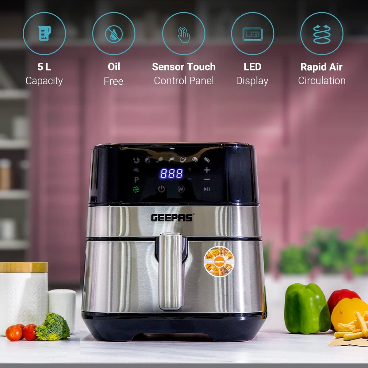 Geepas GAF37510 Electric Air Fryer 5 Liter Digital Touch Screen & Preheat, 60 Minute Timer, Led Display, Auto Shut Off