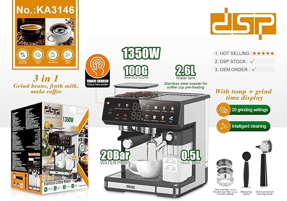 DSP KA3146 3-in-1 Espresso Coffee Machine | 20 Bar Pressure | Built-in Grinder, Milk Frother, 500ML Milk Tank | Touchscreen Control