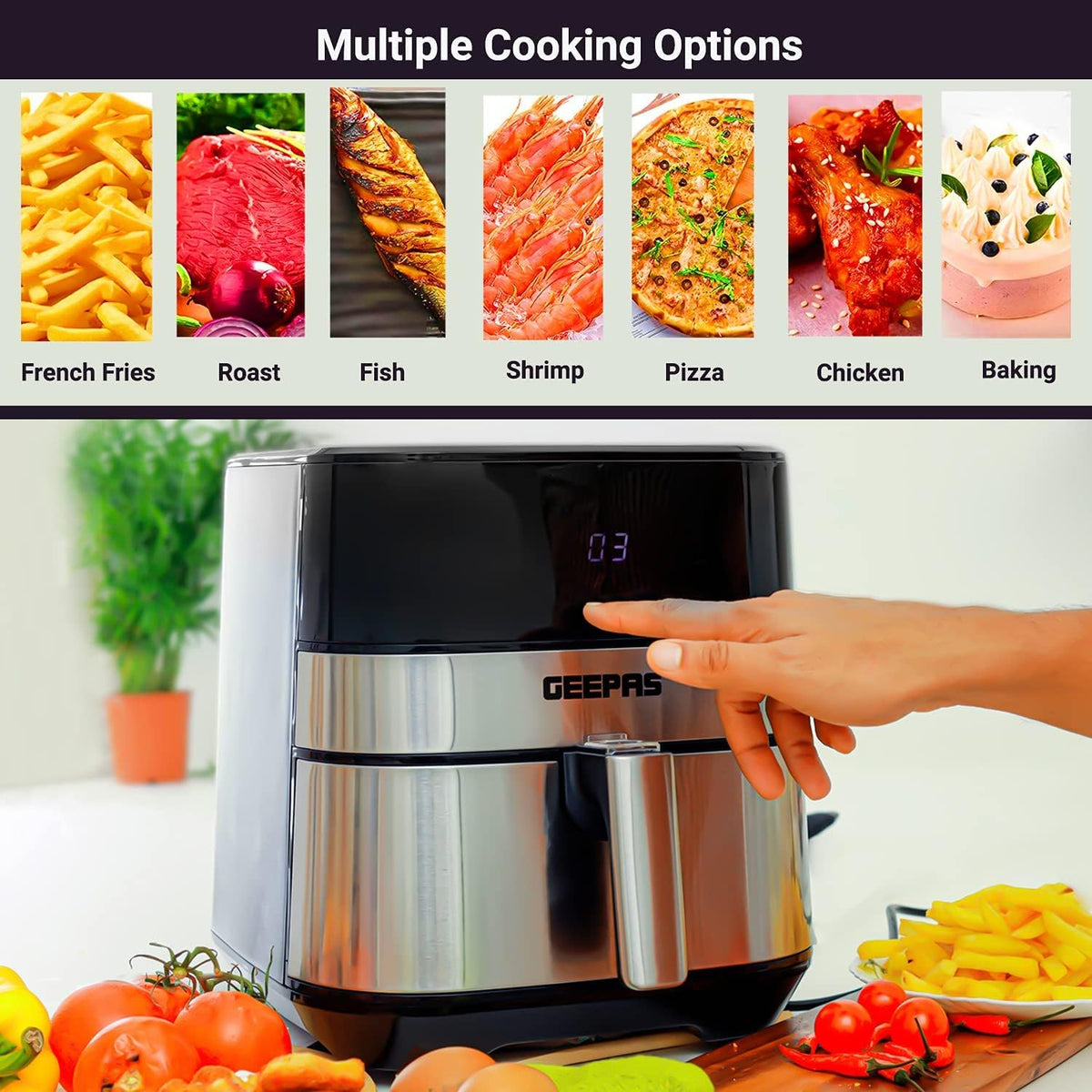 Geepas GAF37510 Electric Air Fryer 5 Liter Digital Touch Screen & Preheat, 60 Minute Timer, Led Display, Auto Shut Off