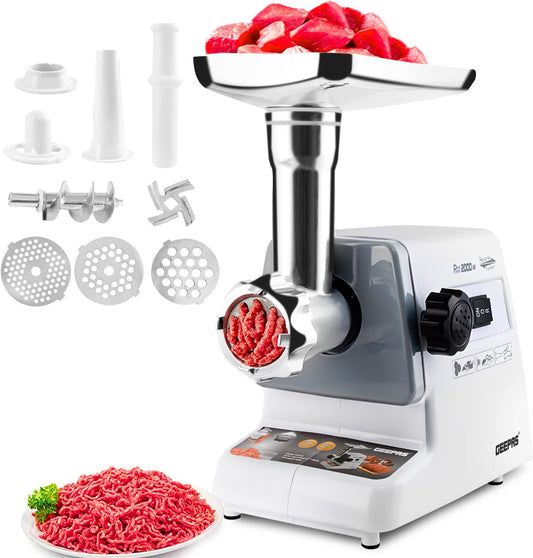 Geepas 2000W Electric Meat Grinder - Reverse Function Aluminum Gearbox Metal Gears, 2 Years Warranty GMG767