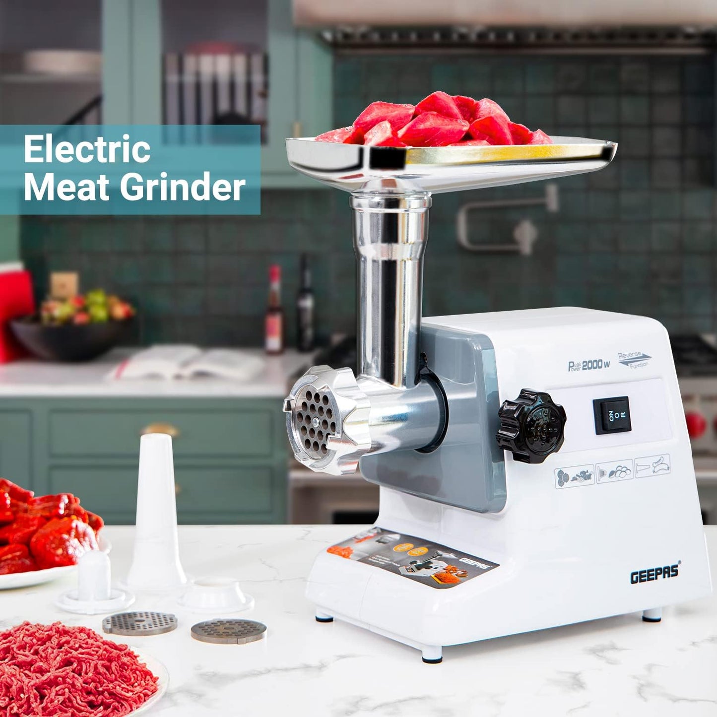 Geepas 2000W Electric Meat Grinder - Reverse Function Aluminum Gearbox Metal Gears, 2 Years Warranty GMG767