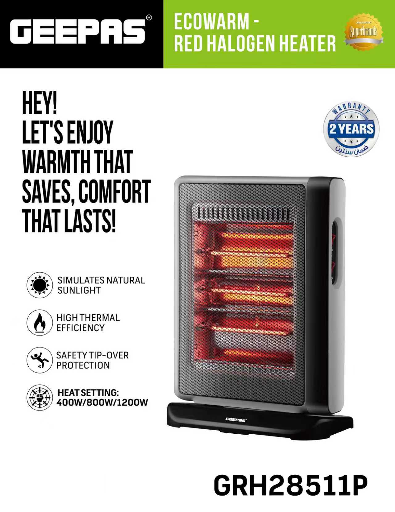 Geepas Red Halogen Heater 1200W 3 Rods GRH28511P