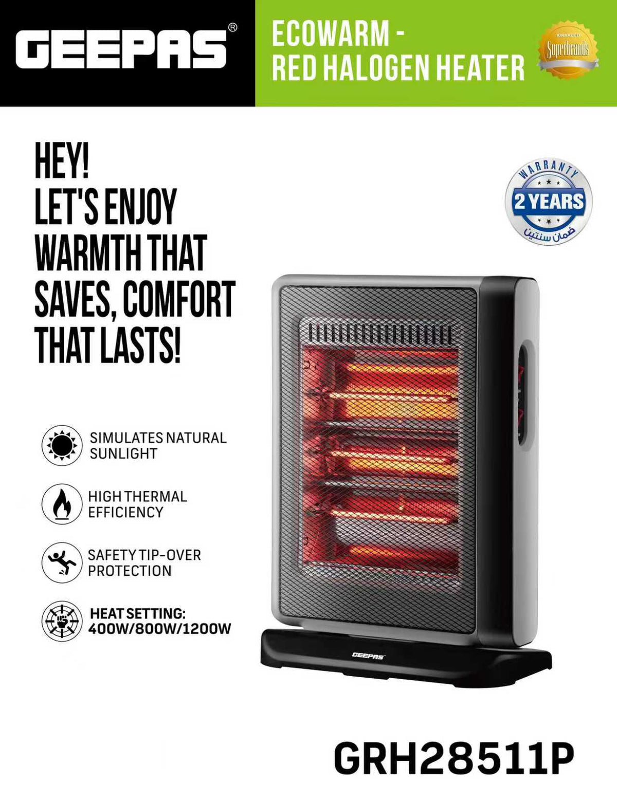 Geepas Red Halogen Heater 1200W 3 Rods GRH28511P