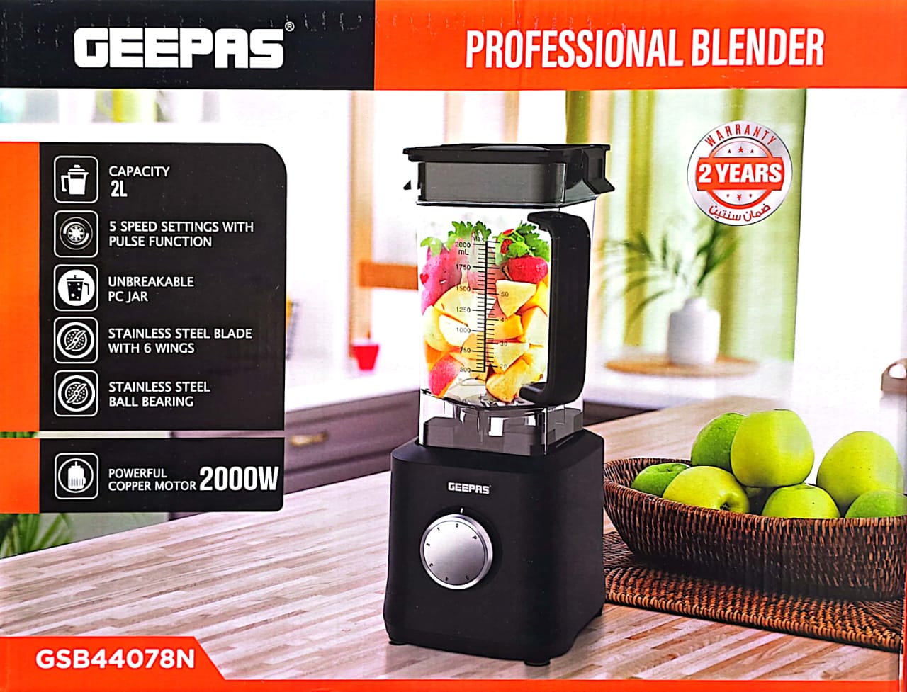 Geepas GSB44078 Professional Blender, 1800W Powerful Motor - 2L Unbreakable PC Jar, Stainless Steel 6 Leave Blade, Countertop Blender For Milkshake Fruit Smoothie Maker