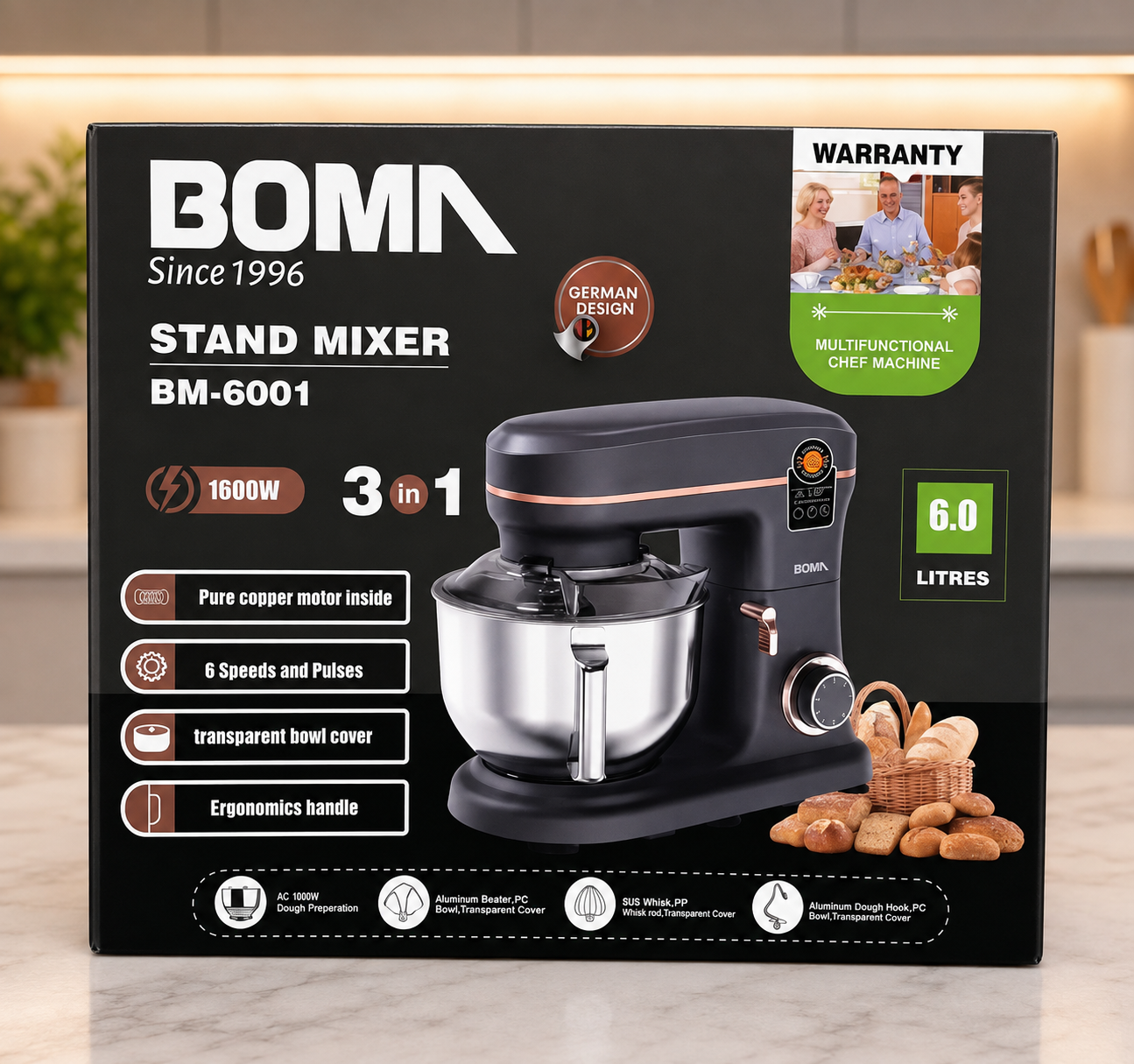 BOMA 1600W Stand Mixer | 6L Dough Mixer & Cake Mixer