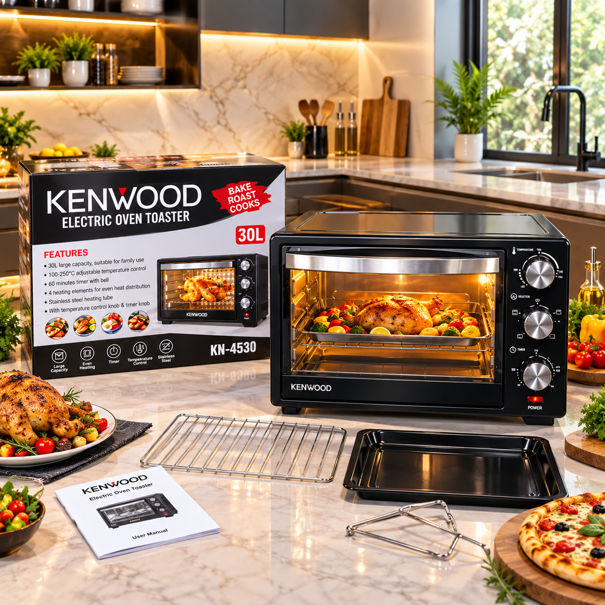Kenwood 30L Electric Baking Oven Toaster With Double Tray & Rotisserie Grill KN-4530