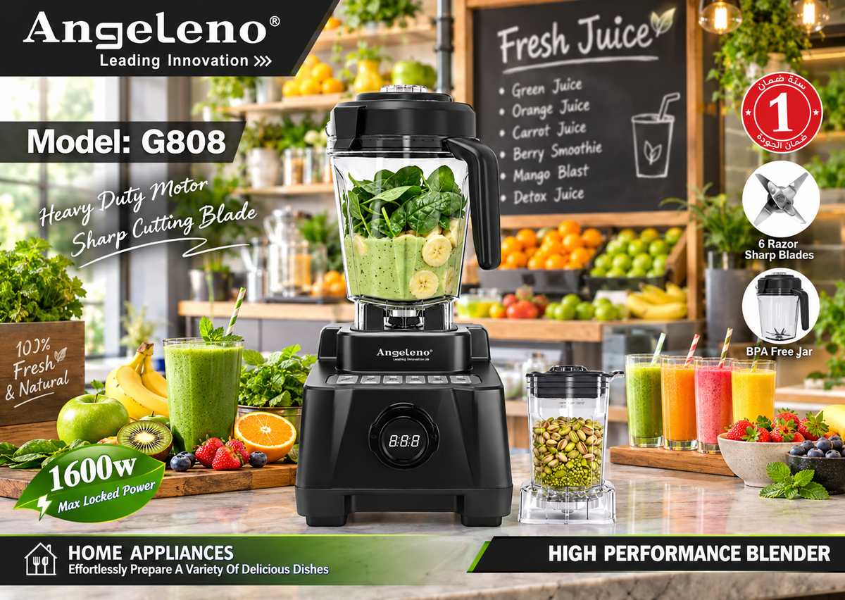 Angeleno Commercial Blender 1600W G808 | 6 Razor Sharp Blades | Heavy Duty High Performance Blender