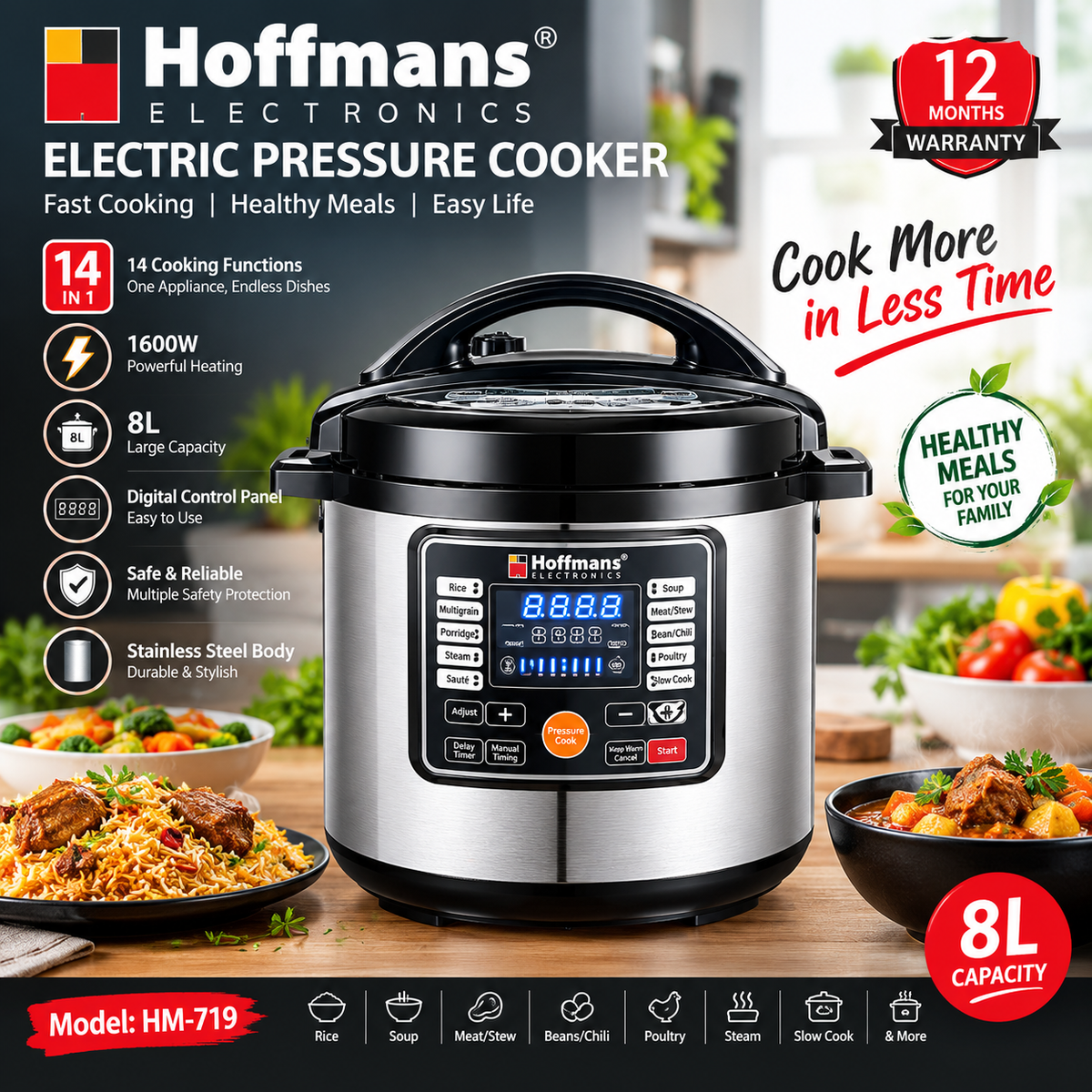 Hoffman Electric Pressure Cooker 8L 14-in-1 1600W HM-719