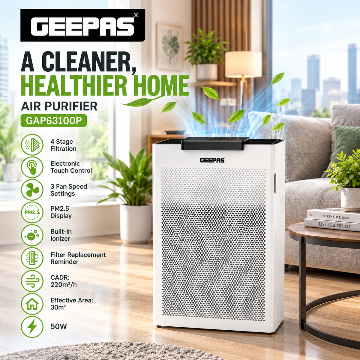 Geepas Air Purifier 50W with 4-Stage Filtration GAP63100P