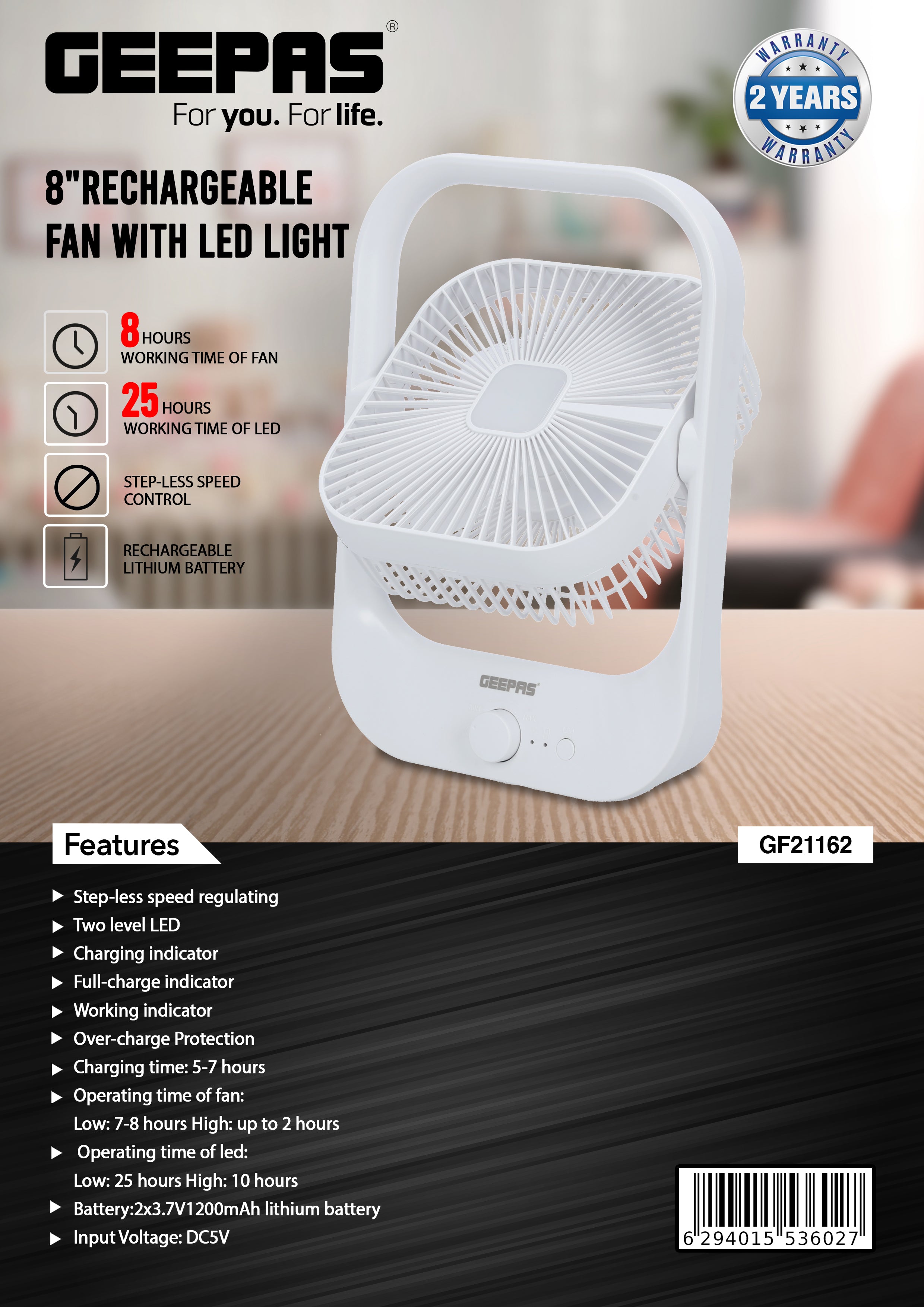 Geepas 8" Rechargeable Fan With Led Light, Gf21162 Over Charge Protection, 8 Hours Working, Step Less Speed Control, Rechargeable Lithium Battery, Full Charge Indicator, White