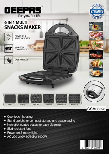 Geepas GSM36528 4 Slice Sandwich Maker 6 in 1 ( Waffle Maker, Donut Maker, Grill, Nuts Maker, Biscuit Maker, Sandwich Maker )