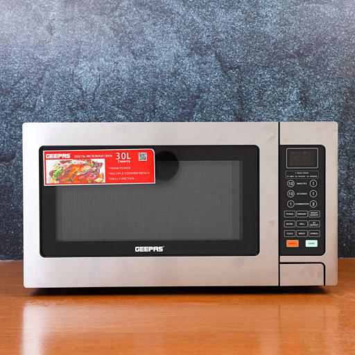 Geepas GMO1897 30L Digital Microwave Oven - 1500W Oven with Multiple Cooking Menus |Reheating, Defrost & Grill |Ideal Grilling, Roasting, Heating & More