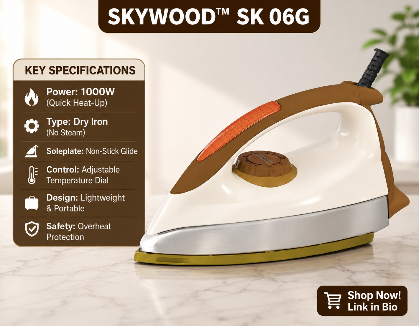 Skyiwood 1000W Dry Iron – Fast Heating Electric Iron Sk-06G