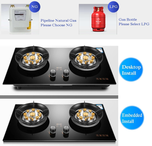 Imported Gas Stove 2 Burner, 5.2KW 8 Chamber High Heat, Black Tempered Glass Cast Iron Pot Rack