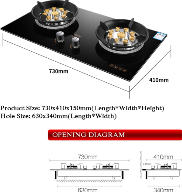 Imported Gas Stove 2 Burner, 5.2KW 8 Chamber High Heat, Black Tempered Glass Cast Iron Pot Rack