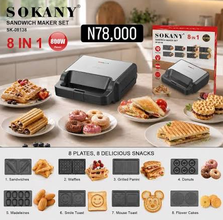 Sokany 8-in-1 Sandwich Maker | 800W Multi-Function Snack Maker SK-08138