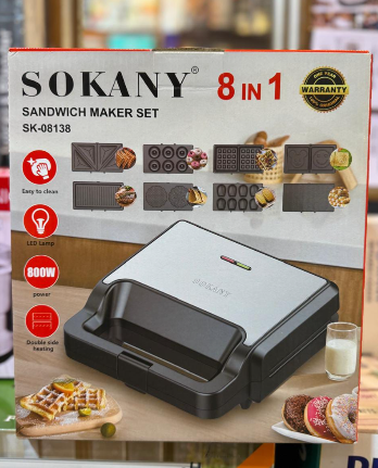 Sokany 8-in-1 Sandwich Maker | 800W Multi-Function Snack Maker SK-08138