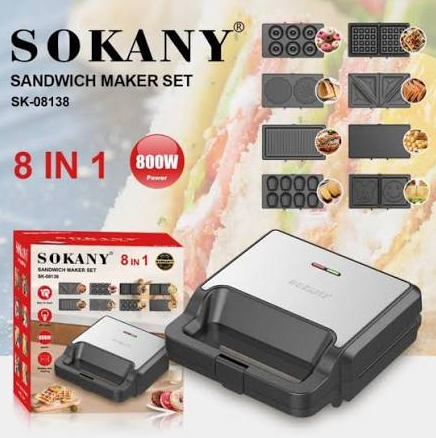 Sokany 8-in-1 Sandwich Maker | 800W Multi-Function Snack Maker SK-08138
