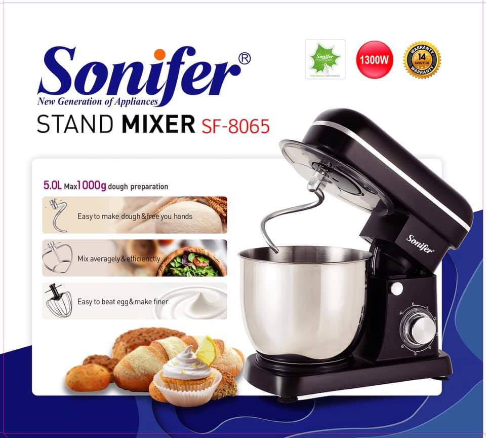 Sonifer SF-8065 High Quality 1300W 5L Stainless Steel Bowl Multi Function Dough Stand Food Mixer