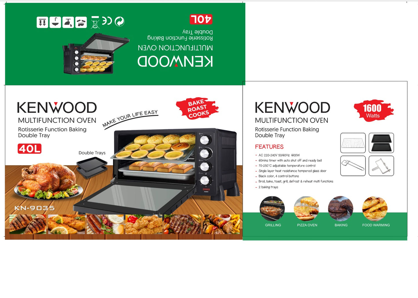 Kenwood 40L Electric baking Oven With Rotisserie & Double Tray ( KN-9035 )