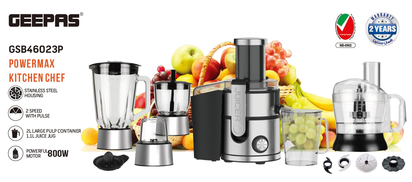 Original Geepas Powermax Kitchen Chef Food Factory 800W All In One Food Processor | 2-Year Local Warranty