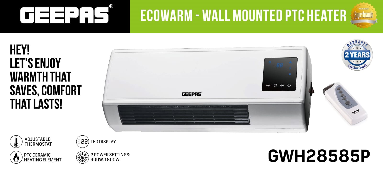 Geepas Ecowarm Wall Mounted PTC Heater GWH28585P