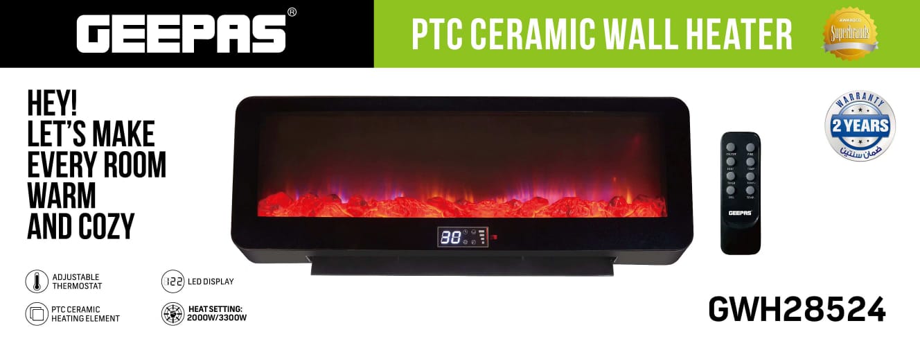 Geepas PTC Ceramic Wall Heater | Fireplace Wall Heater | GWH28524