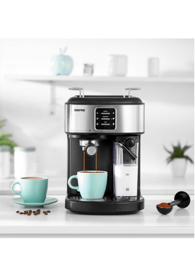 GEEPAS Espresso and Cappuccino Coffee Machine, Equipped with 20 Bar High Pressure Pump and Powerful Steam System, Makes Cappuccino, Lattes, Espresso, Macchiato, Mocha 1.5 L 1250 W GCM1215SA Silver/ Black