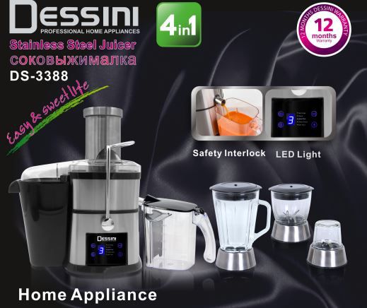 Dessini Italy 4 IN 1 Stainless Steel Juicer Blender Grinder Chopper Mixer Miller DS-3388