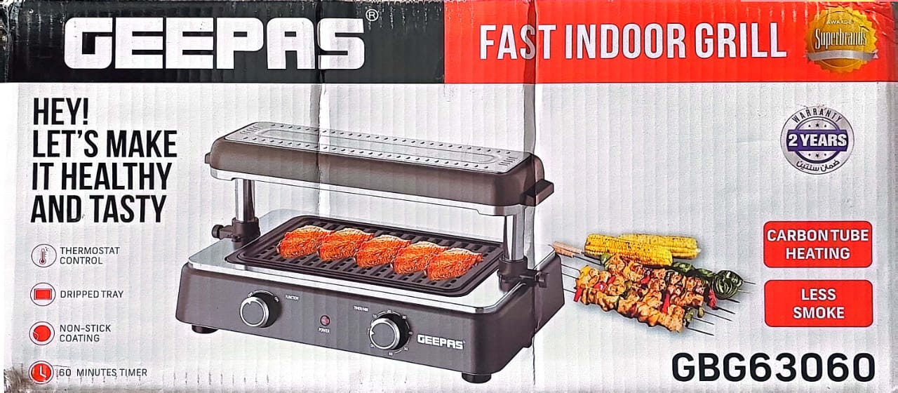 Geepas Fast Indoor Grill- GBG63060| With Drip Tray For Easy Cleaning, And Thermostat Control For Versatile Cooking| Perfect For Sizzling Steaks, Searing Vegetables, Toasting Breads And Buns, Etc.| Suitable For 2-4 Persons, Compact, With Patented Shifting